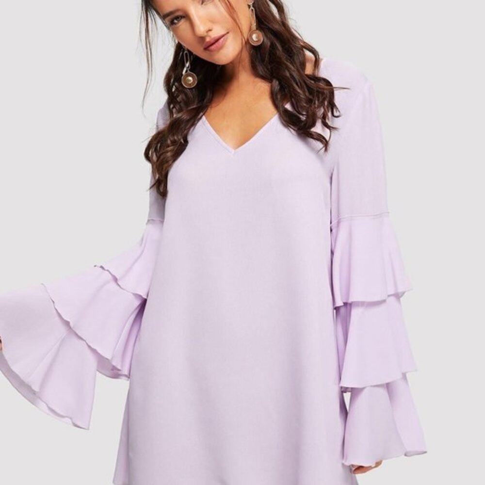 Layered Petal Sleeve V-Neck Dress EUC